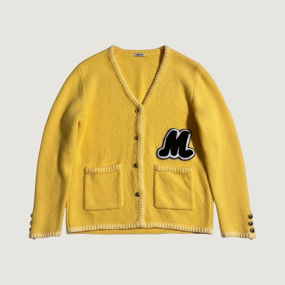 Miu Miu Sweaters - Miu Miu Yellow Wool Varsity Patch Cardigan Sweater Gold Logo Buttons Italy Made